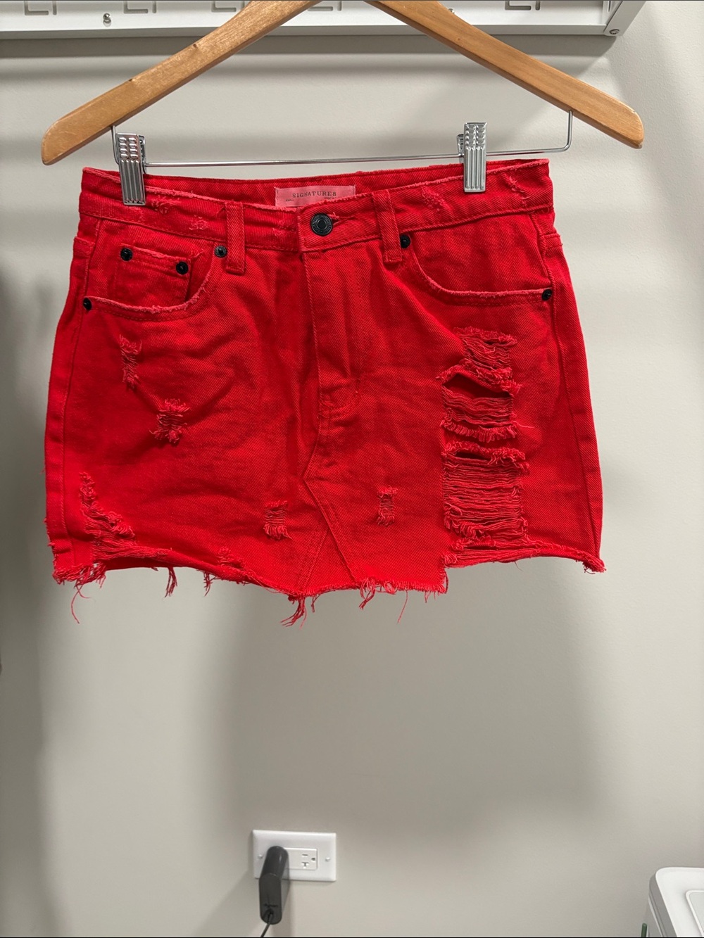 Signature8 Red Distressed Denim Mini Skirt